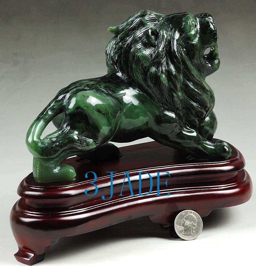 Natural Green Nephrite Jade Lion Statue / Carving / Sculpture / /Foo ...