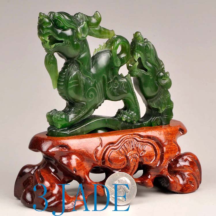 Natural Green Hetian Nephrite Jade Pixiu Statue Divine Animal Carving ...